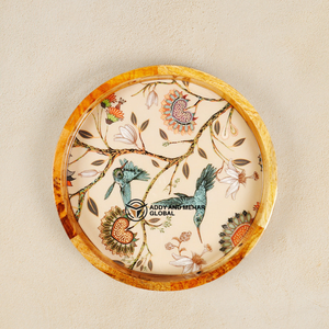 Round Mango Wood Epoxy Resin Serving <b>Tray</b> with Bird Floral Design Decorative Wooden Food Storage <b>Tray</b> for <b>Kitchen</b> Dining Home - Product Image 1