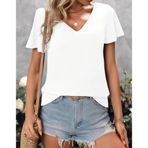 Camiseta de Verano para Mujer, Casual, Cuello en V, Holgada, Manga Corta, Poliéster, Color Liso, Venta al Por Mayor - Product Image 1