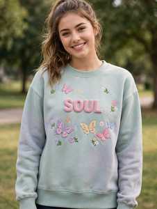 Sudadera Oversize Verde Pastel para Mujer con Cuello Redondo, Bordado 3D de la Letra SOUL, Felpa de Algodón Antipilling y Mangas Caídas - Product Image 3