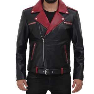 Chaqueta de Motociclista de Cuero Genuino para Hombre, Cuello Camisero, Cierre de Cremallera, Cinturón, Corte Ajustado, Color Negro Sólido, para Otoño e Invierno - Product Image 4