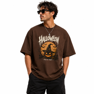 T-shirt d'Halloween pour homme, coupe oversize, en coton marron, avec imprimé graphique Jack O'Lantern, citrouille, chauve-souris, chapeau de sorcière, manches courtes, décontracté - Product Image 2