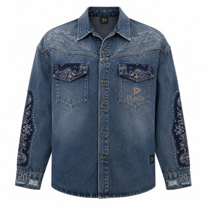 Wholesale Bleached Blue Cotton Chambray Shirts With Bandana Insignia For Roomy Unisex Streetwear Graphic <b>Badge</b> Factory - Product Image 3