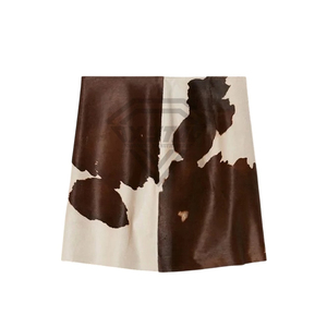Mini-jupe en cuir de vachette véritable pour femme, marron et blanc, imprimé animal, taille haute, style streetwear, vêtements personnalisés, vente en gros - Product Image 3