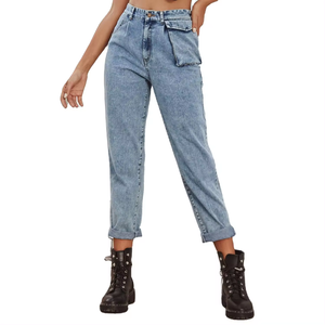 Jean délavé bleu pour femme, taille haute, coupe ajustée, en denim de coton, longueur cheville, ourlet retroussé, doux et décontracté - Product Image 1