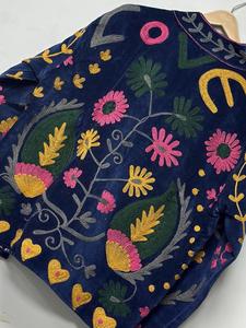 Handmade Dark Blue <b>Velvet</b> Suzani Embroidered <b>Jacket</b> with Floral Pattern Full Sleeve Stand Collar Bohemian <b>Women's</b> Winter Coat - Product Image 4