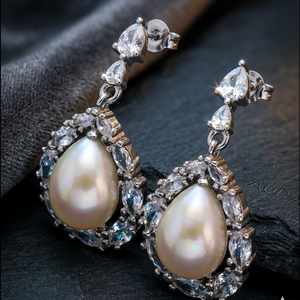 Boucles d'oreilles en perles blanches de luxe, 5 pouces de long, avec CZ, argent sterling 925, plaqué or 18 carats, faites à la main, bijoux pour femmes, prix de gros - Product Image 1