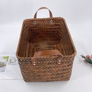 Seagrass <b>basket</b> with leather handles on both sides Handmade <b>Storage</b> <b>Basket</b> Wholesale eco-friendly Made Viet Nam - Product Image 4