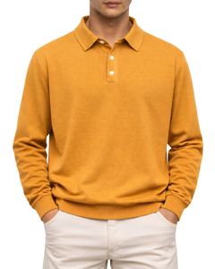 เสื้อโปโลแขนยาวสีเหลืองมัสตาร์ดสำหรับผู้ชาย ผ้าคอตตอนผสมเนื้อนุ่ม สวมใส่สบาย คอปกคลาสสิก เหมาะสำหรับฤดูหนาว ผลิตโดยผู้ผลิตเสื้อผ้า - Product Image 1