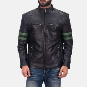 Veste de moto en cuir véritable noir pour homme avec manches rayées vertes, col montant, fermeture éclair, coupe ajustée, style moto - Product Image 1