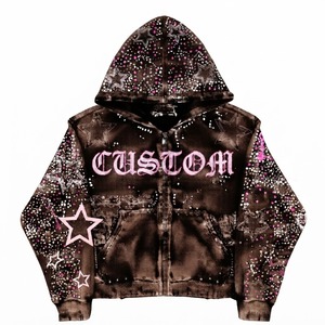 Sudadera con capucha personalizada ecológica 100% algodón con cremallera y pedrería, estampado de estrellas rosas, forro polar oversize, diseño unisex Y2K estilo streetwear - Product Image 4