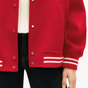 White & Red Color With Full Sleeve Turn Down Collar Button Closure Solid Color Autumn Wear Women Varsity Jacket For Wholesale - Product Image 5