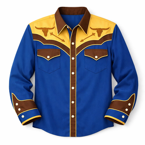 Camisa Vaquera Unisex de Manga Larga con Bordado Rodeo, Estilo Vintage Casual, Corte Ajustado, Ribete en Contraste, Personalizable OEM - Product Image 1