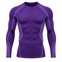 T-shirt de compression à manches longues pour homme, violet, séchage rapide, respirant, écologique, color-block, en nylon et polyester, pour entraînement sportif