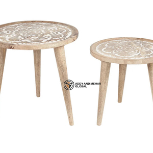 Handcrafted Round Wooden Nesting Tables Set of 2 with Carved Pattern Top – Rustic Mango <b>Wood</b> Side Tables for Living Room - Product Image 4