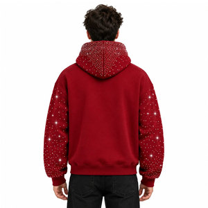 Sweat-shirt à capuche bordeaux pour homme avec manches dégradées en strass, style hip-hop, en molleton 100 % coton, tissu confortable et respirant - Product Image 4