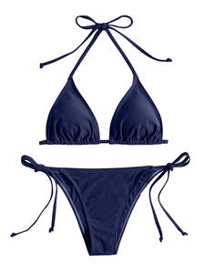 Ensemble de maillots de bain personnalisés, bikini string sexy, nouveaux maillots de bain bleu marine pour femme, maillots de bain sexy, bikinis triangle à bandage, vêtements de plage pour femme - Product Image 1