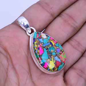 Kingman Turquoise Pear Pendant Handmade 925 Sterling Silver Boho Jewelry Statement Gift <b>For</b> Women <b>Men</b> - Product Image 5