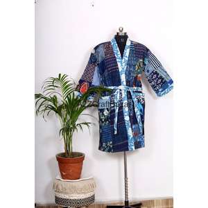 Nouveauté : Robe de nuit kimono en coton 100% pur, broderie indienne Kantha faite à la main, pour femmes et filles - Product Image 3