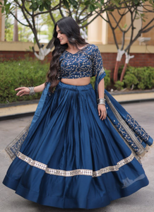 Blue Ethnic Fendy Silk Satin <b>Shawl</b> Pashmina Style Hijab Scarf Fringe Border Lehenga Set <b>Wedding</b> Festival Wear - Product Image 5