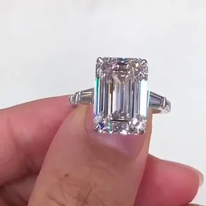 <b>Emerald</b> Cut Moissanite Three Stone Engagement <b>Ring</b> 925 <b>Silver</b> Bezel Setting Minimalist Gold Plated IGI Certified Women's Jewelry - Product Image 1