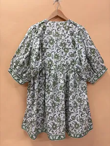 Ethnic Floral Hand Print Cotton Midi <b>Dress</b> With Tie Neck Short Puff Sleeve <b>Loose</b> Fit Casual Summer <b>Dress</b> For Women - Product Image 3