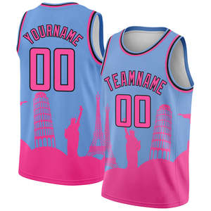 Maillot de basket-ball personnalisé à rayures triangulaires bleu clair rose-noir, édition authentique City - Product Image 1