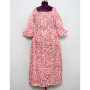 Nouvelle robe d'été longue en coton tricoté à col carré, manches cloche, silhouette trapèze, imprimé bohème, pour soirée, bleue - Product Image 6