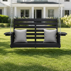 Banc balançoire de véranda en bois noir avec chaînes, chaise suspendue d'extérieur avec plateaux latéraux et coussins pour mobilier de patio et de jardin - Product Image 3