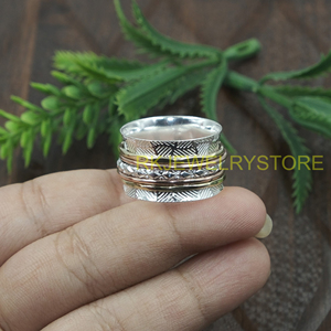 <b>Spinner</b> <b>Ring</b> Silver Brass Copper Wide Band Meditation <b>Ring</b> Handmade Textured Rotating Band Unisex Anxiety Relief Jewelry Women - Product Image 4