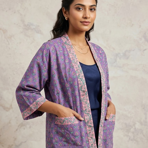 Robe Kimono en Coton Violet à Motifs Floraux pour Femme, Veste Matelassée Imprimée, Coupe Ample, Tenue Décontractée Ouverte sur le Devant - Product Image 2