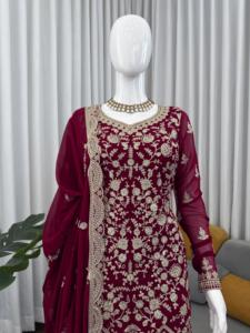 Designer Thread With Sequence Work Faux Georgette <b>Top</b> With Sharara Bottom And Dupatta Fully Stitched Ready To Wear Set - Product Image 3