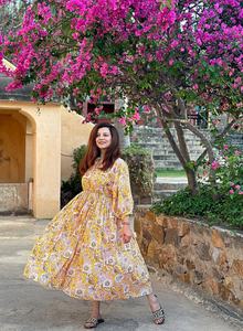 Vestido largo de algodón puro Estampado de bloque indio Colorido Verano Terroso Elegante Ropa de día cómoda - Product Image 2