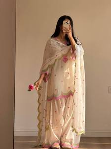 Light Blue Heart Print Cotton Indian Pakistani Floor-Length Loose Fit Kurta Palazzo <b>Shawl</b> Set Sun Protection Festive Wear - Product Image 3