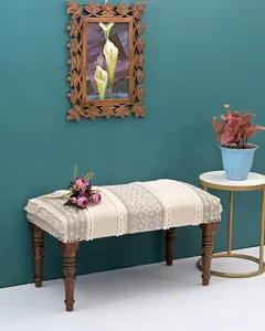 Handmade Wooden Bench with Handwoven Cotton Jute Seat Boho Farmhouse Upholstered Entryway Bench Ottoman for Home Decor - Product Image 1