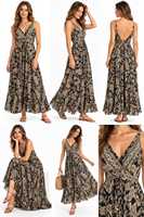 Robe longue en soie style bohème paisley pour femme, col en V, dos nu, coupe trapèze, idéale pour l'été et les vacances à la plage