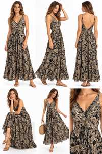 Wholesale Boho Paisley <b>Silk</b> Maxi <b>Dress</b> Women V Neck Backless A Line <b>Summer</b> Beach Vacation <b>Dress</b> - Product Image 4
