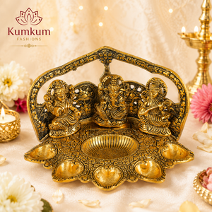 Modelo de Ídolo Metálico Lakshmi Ganesh Saraswati Diya, Chapado en Oro, Hecho a Mano en India, para Decoración de Templo, Pooja, Diwali y Bodas - Product Image 1