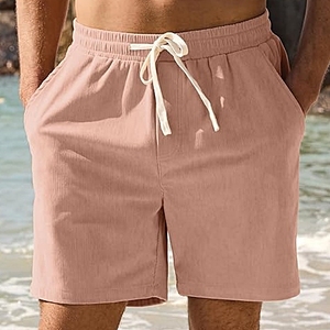 Men's Pink Corduroy Drawstring Shorts Casual Solid Color Mid Waist Breathable Pockets Style - Product Image 3