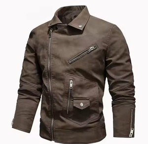 Blouson de motard court en toile teinte et cuir PU pour homme, style urbain, fermeture éclair, logo frontal, automne-hiver - Product Image 2