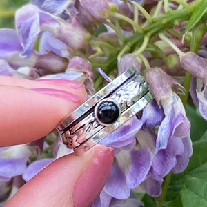 Natural Black Onyx Fidget <b>Spinner</b> <b>Ring</b> Flower Detail 925 Sterling Silver Gothic Whimsical Unisex Anxiety <b>Ring</b> - Product Image 3