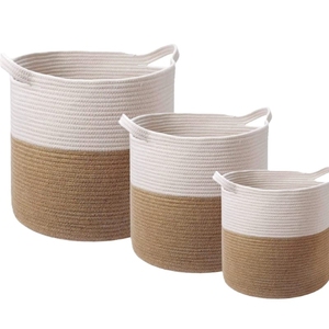 Modern Round Shape <b>Jute</b> & Cotton Laundry <b>Basket</b> Rope Handle Storage Bin Foldable Hamper for Household Use - Product Image 2