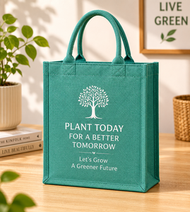 Cultiva Hoy para un Mañana Mejor, Bolsa de Compras de Yute, Estilo Rústico Mediano, Asa para el Hombro, Color Verde, para Bodas y Viajes - Product Image 4