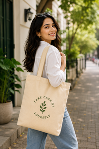 Bolsa de tela de algodón beige con estampado de hojas para el cuidado personal, para uso diario - Product Image 4