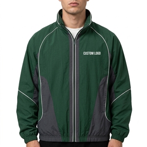 Plus Size <b>Men</b> Nylon <b>Track</b> <b>Jacket</b> Retro Windbreaker Green Grey Panel Piping Sport Full Zip Stand Collar Vintage Sportswear Coat - Product Image 1