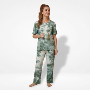 Women's Cotton Bamboo Knitted 220g Pajama <b>Set</b> Short Sleeve O-Neck Long Pants Casual Breathable 2 Piece Regular Fit All Seasons - Product Image 2