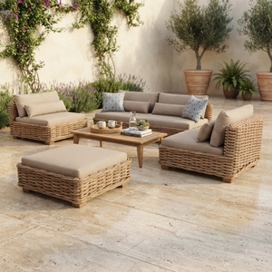 Outdoor <b>Rattan</b> Woven <b>Sofa</b> Set Mahogany Wood Frame Wicker Furniture Cushion Lounge Chair <b>Sofa</b> Coffee Table Setup Art Design - Product Image 5