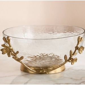 Bol de service et de rangement pour aliments et sucreries en verre transparent texturé martelé, de forme ronde, avec base en métal plaqué or, provenant d'Inde - Product Image 1