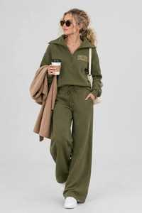 Conjunto Deportivo de 2 Piezas para Mujer, Color Verde Oliva, Sudadera con Media Cremallera y Pantalones Anchos, Estilo Casual y Holgado - Product Image 5
