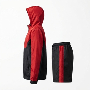 Ensemble de survêtement pour homme, veste à capuche et short, couleurs rouge et noir, style sportif, été, séchage rapide, polyester, 2 pièces - Product Image 2
