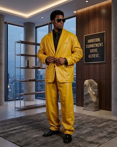 Conjunto de traje de cuero amarillo para hombre, chaqueta holgada de un solo botón con pantalones a juego, ropa formal, estilo otoñal - Product Image 5